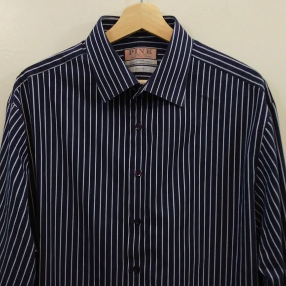 Thomas Pink Navy Blue/White Stripe Slim Fit Shirt 17.5 - Picture 2 of 8